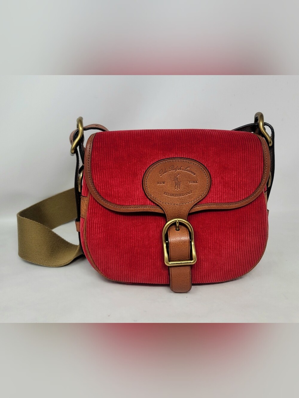 Rare Polo Ralph Lauren Red Corduroy Leather Small Saddle Shoulder Crossbody Bag